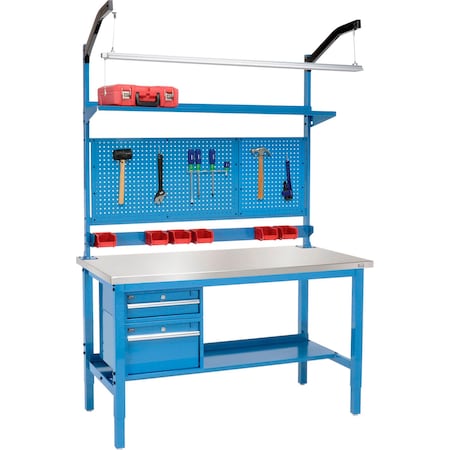 Global Industrial 60x30 Production Workbench, Stainless Steel Square Edge Complete Bench Blue 319319BL